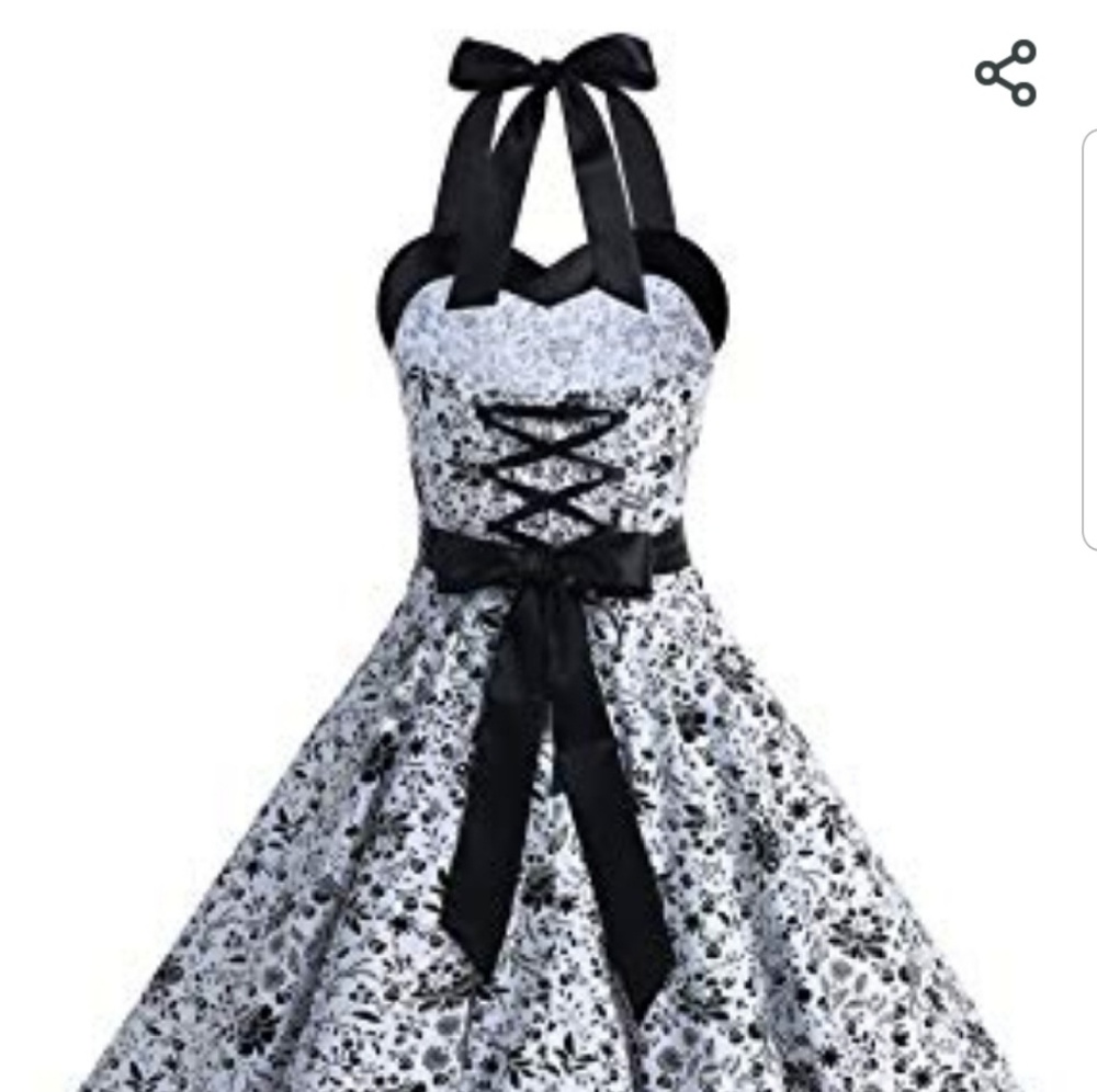 Black & White Floral & Skull Midi Dress with Lace Up & Halter Bow